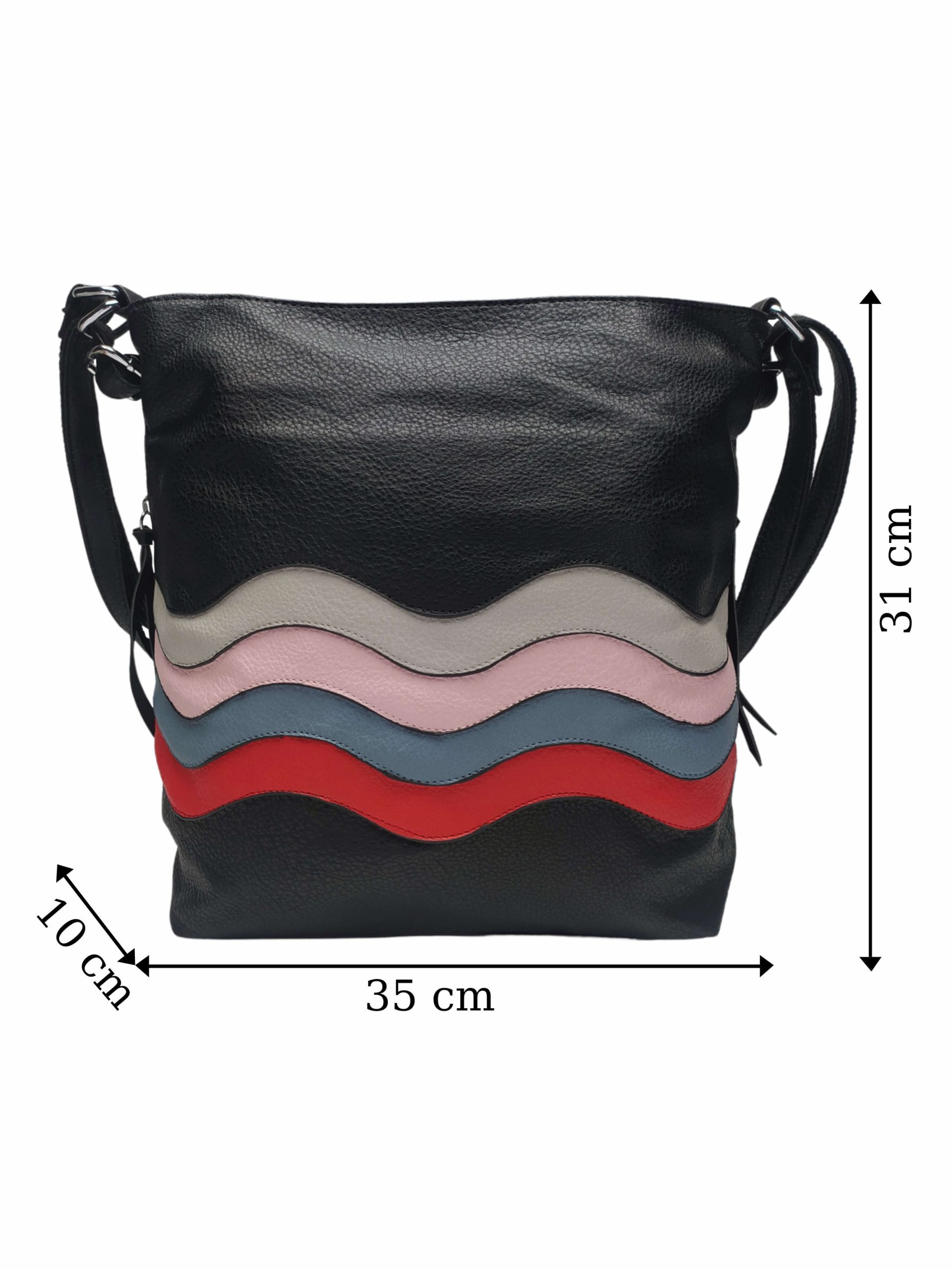 Střední černý kabelko-batoh 2v1 s praktickými bočními kapsami, Miss Moda, 980882, přední strana kabelko-batohu 2v1 s rozměry