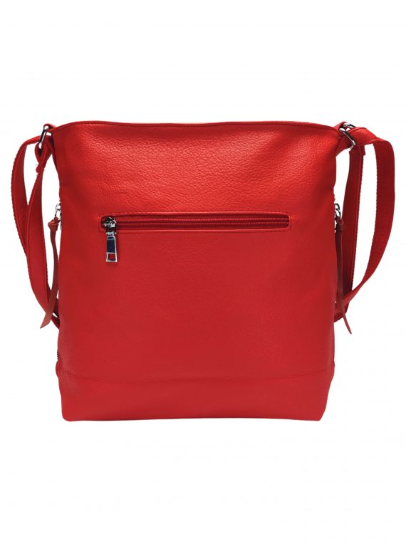 Střední červený kabelko-batoh 2v1 s praktickými bočními kapsami, Miss Moda, 980882, zadní strana kabelko-batohu 2v1