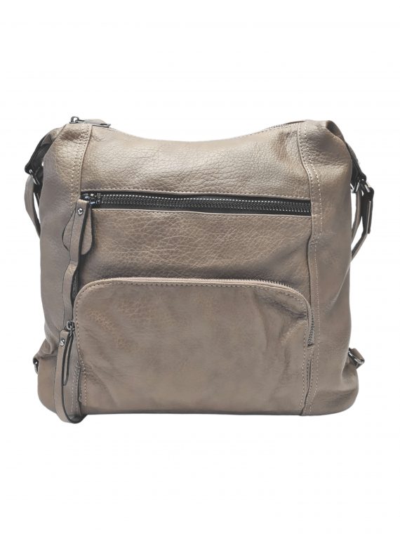 Velký šedohnědý kabelko-batoh 2v1 s praktickými kapsami, Miss Moda, 980953, přední strana kabelko-batohu 2v1