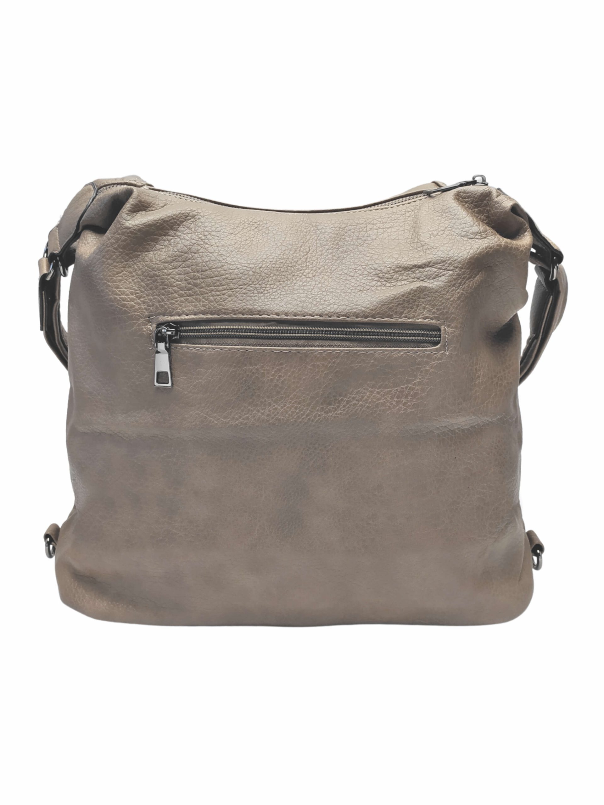 Velký šedohnědý kabelko-batoh 2v1 s praktickými kapsami, Miss Moda, 980953, zadní strana kabelko-batohu 2v1