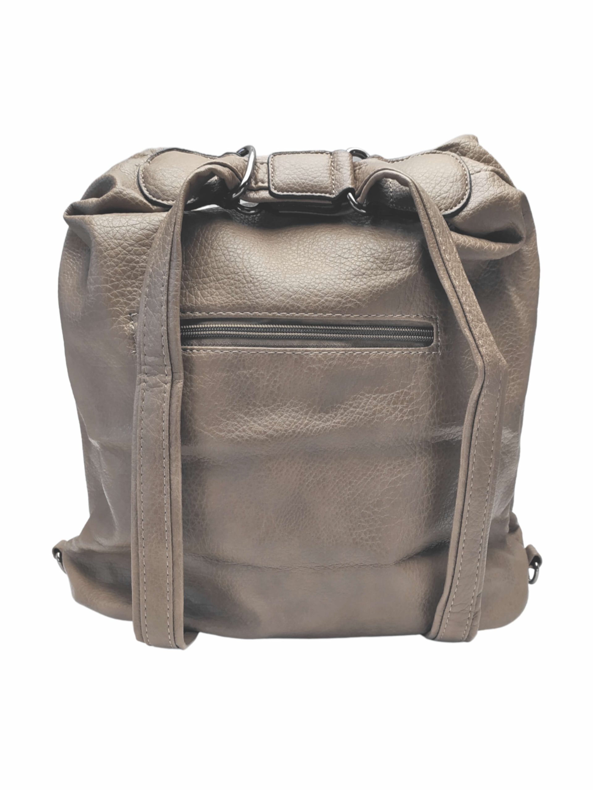 Velký šedohnědý kabelko-batoh 2v1 s praktickými kapsami, Miss Moda, 980953, zadní strana kabelko-batohu 2v1 s popruhy