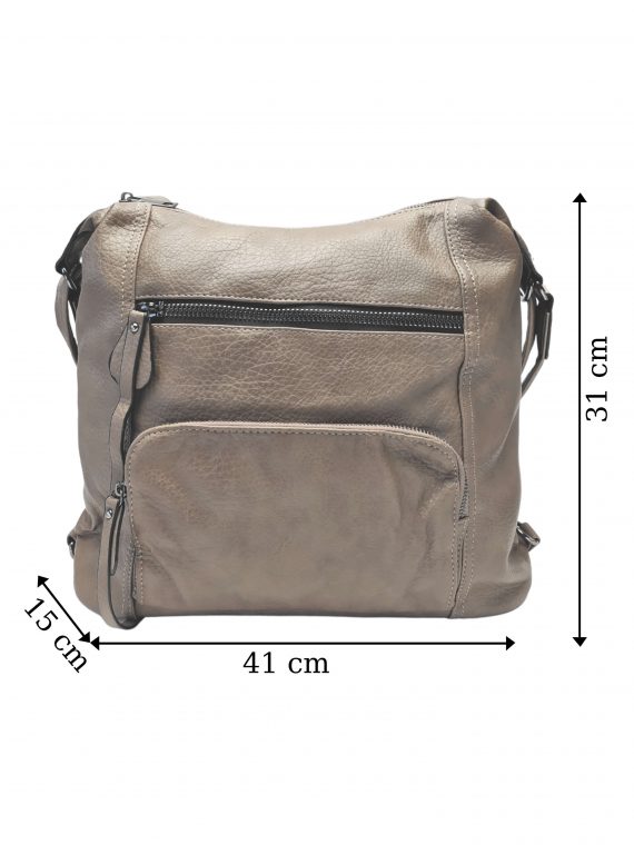Velký šedohnědý kabelko-batoh 2v1 s praktickými kapsami, Miss Moda, 980953, přední strana kabelko-batohu 2v1 s rozměry