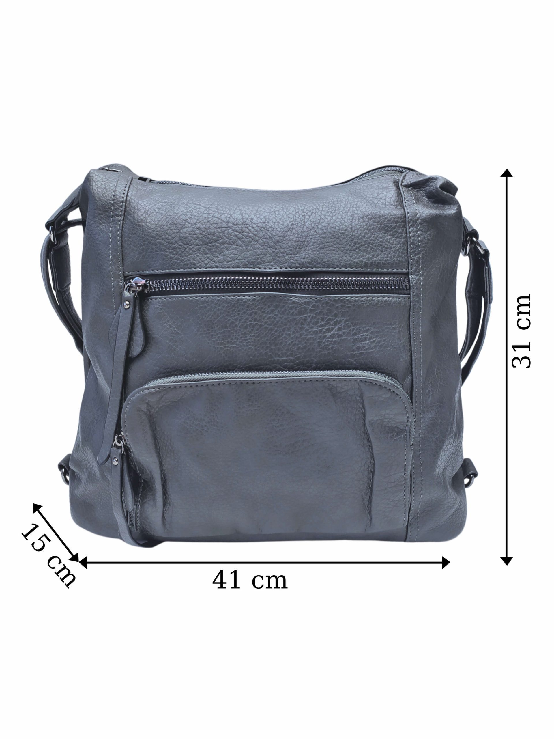 Velký středně šedý kabelko-batoh 2v1 s praktickými kapsami, Miss Moda, 980953, přední strana kabelko-batohu 2v1 s rozměry