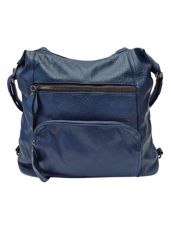 Velký tmavě modrý kabelko-batoh 2v1 s praktickými kapsami, Miss Moda, 980953, přední strana kabelko-batohu 2v1