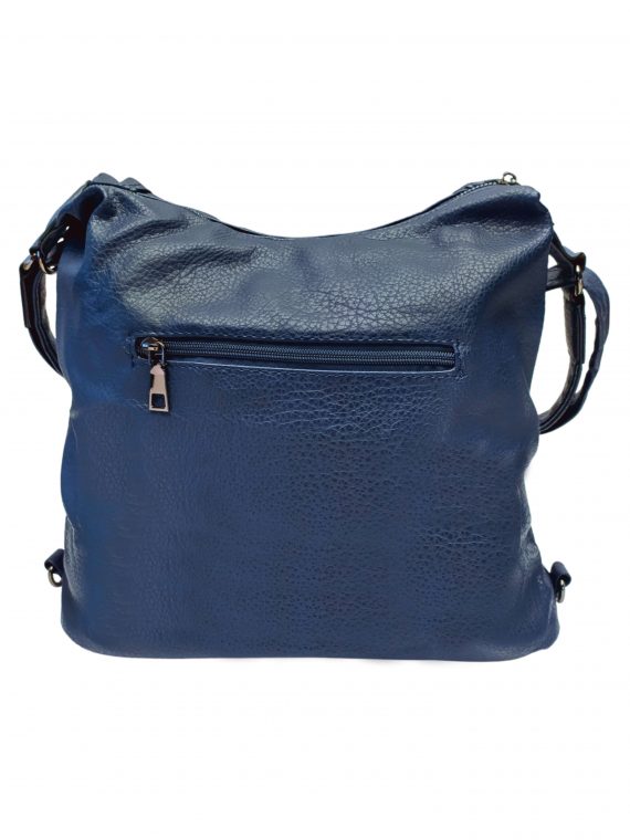 Velký tmavě modrý kabelko-batoh 2v1 s praktickými kapsami, Miss Moda, 980953, zadní strana kabelko-batohu 2v1