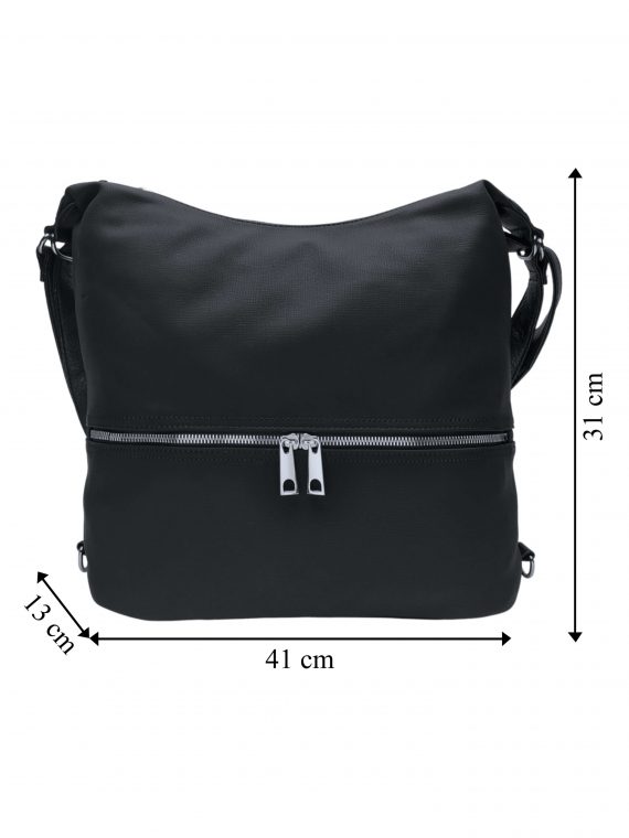Velký černý kabelko-batoh 2v1 s praktickou kapsou, Tapple, H190010N, přední strana kabelko-batohu 2v1 s rozměry