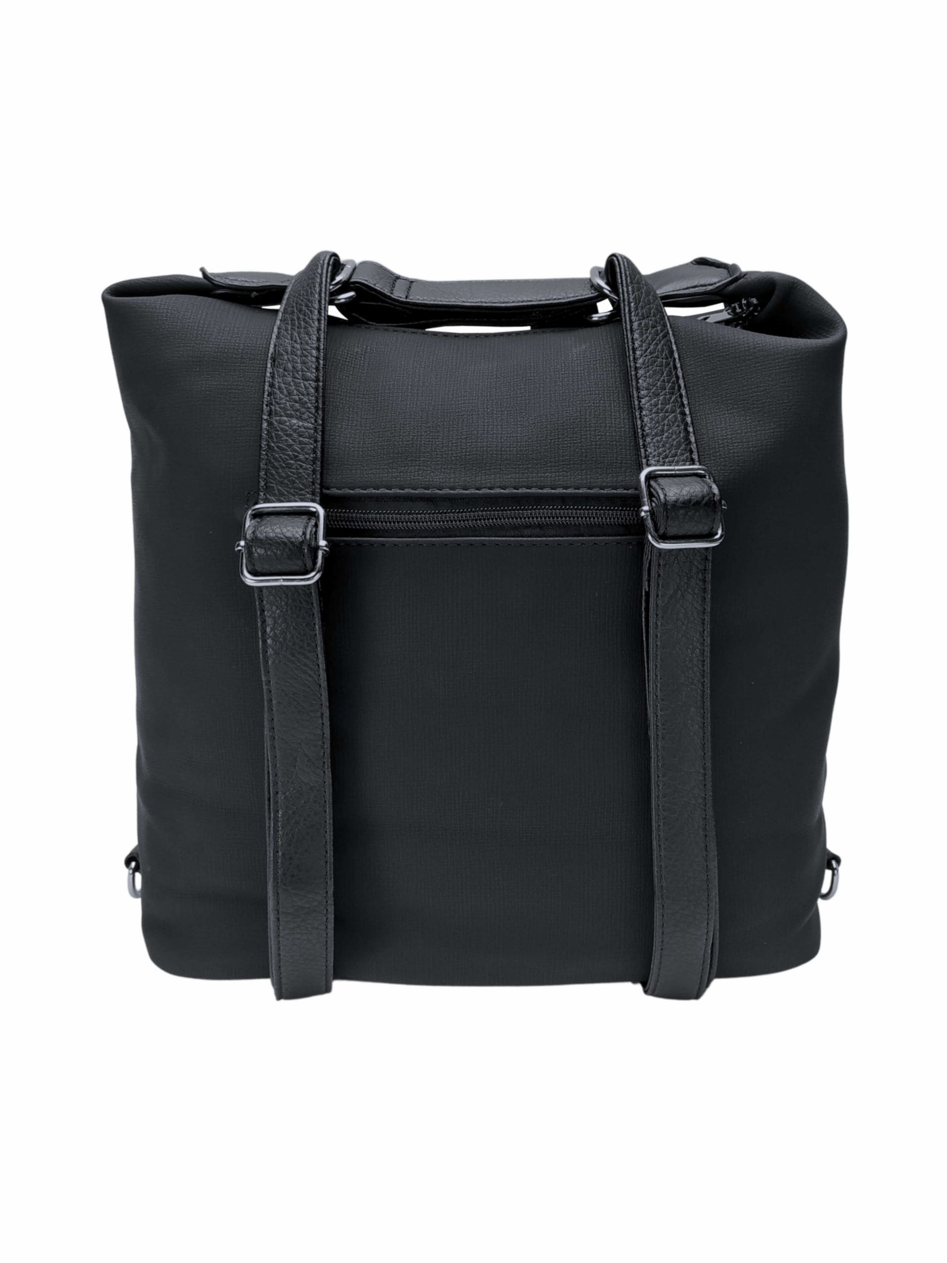 Velký černý kabelko-batoh s šikmou kapsou, Tapple, H18077N, zadní strana kabelko-batohu 2v1 s popruhy
