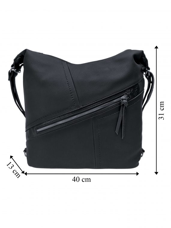 Velký černý kabelko-batoh s šikmou kapsou, Tapple, H18077N, přední strana kabelko-batohu 2v1 s rozměry