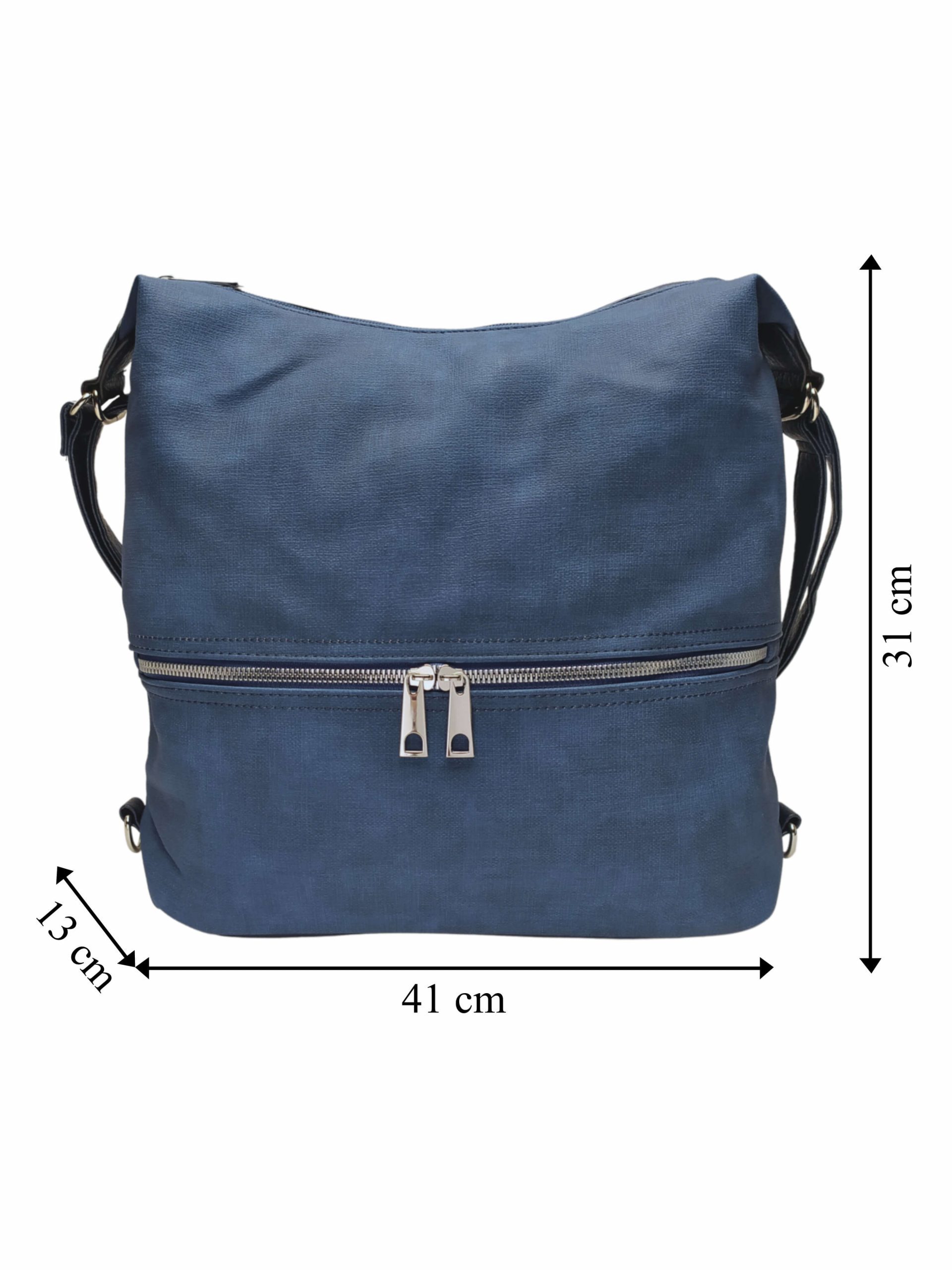 Velký středně modrý kabelko-batoh 2v1 s praktickou kapsou, Tapple, H190010N, přední strana kabelko-batohu 2v1 s rozměry