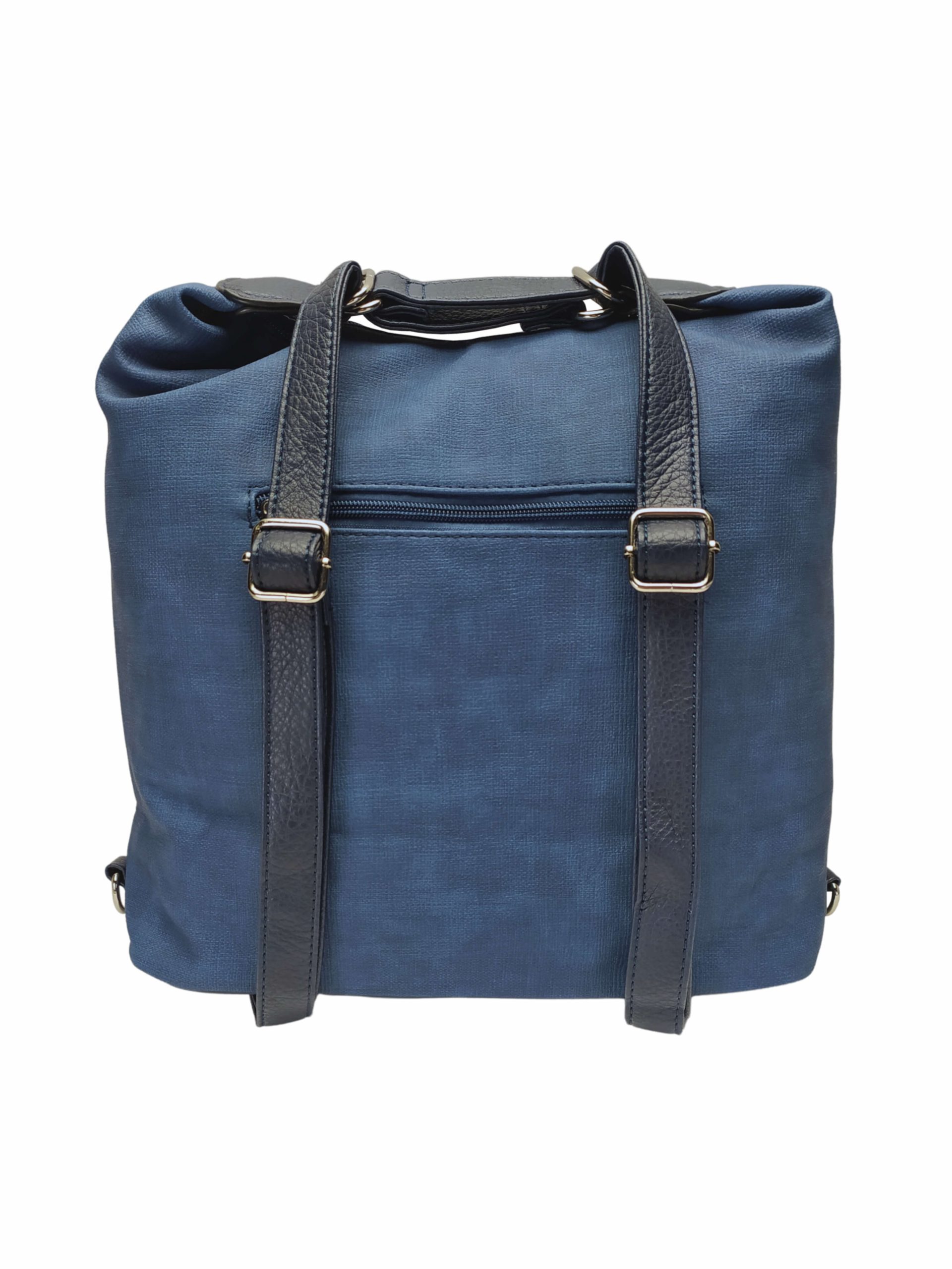 Velký středně modrý kabelko-batoh s šikmou kapsou, Tapple, H18077N, zadní strana kabelko-batohu 2v1 s popruhy