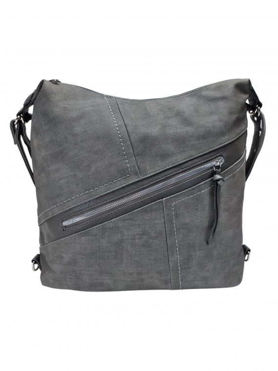 Velký středně šedý kabelko-batoh s šikmou kapsou, Tapple, H18077N, přední strana kabelko-batohu 2v1