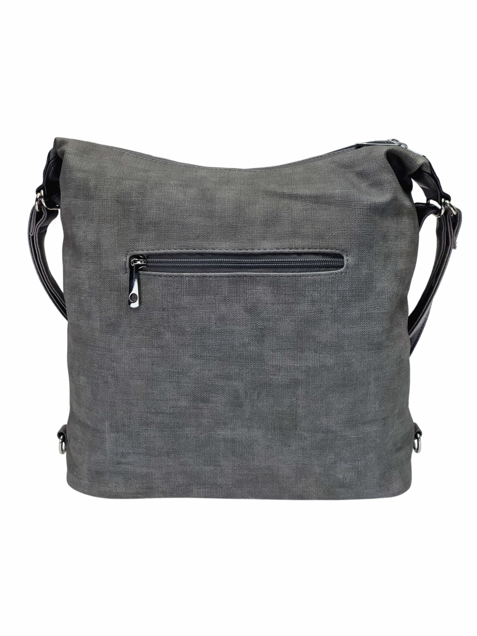 Velký středně šedý kabelko-batoh s šikmou kapsou, Tapple, H18077N, zadní strana kabelko-batohu 2v1
