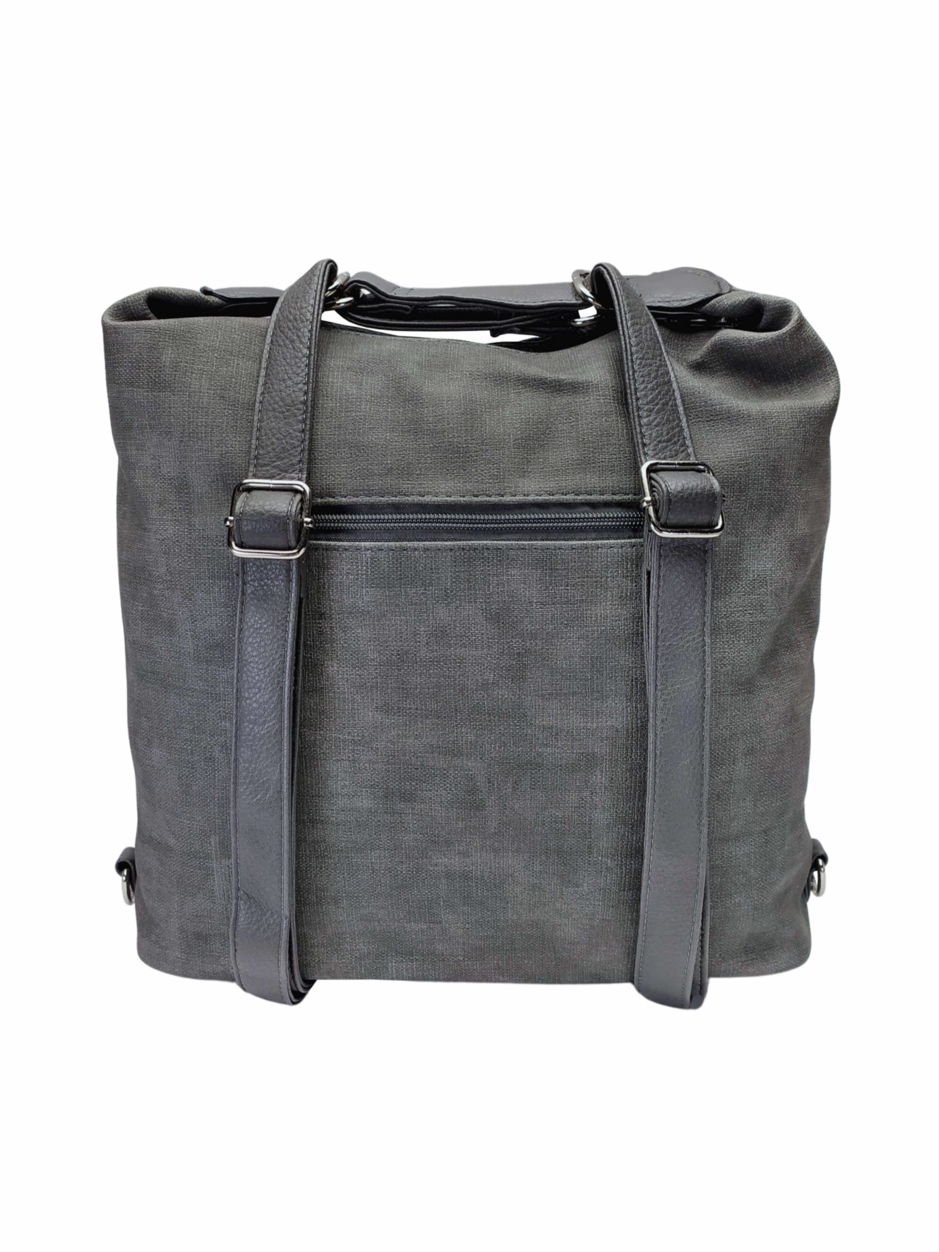 Velký středně šedý kabelko-batoh s šikmou kapsou, Tapple, H18077N, zadní strana kabelko-batohu 2v1 s popruhy