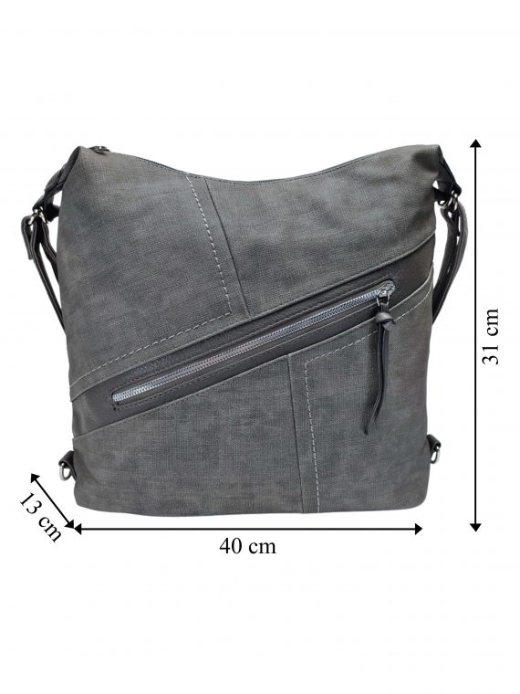 Velký středně šedý kabelko-batoh s šikmou kapsou, Tapple, H18077N, přední strana kabelko-batohu 2v1 s rozměry