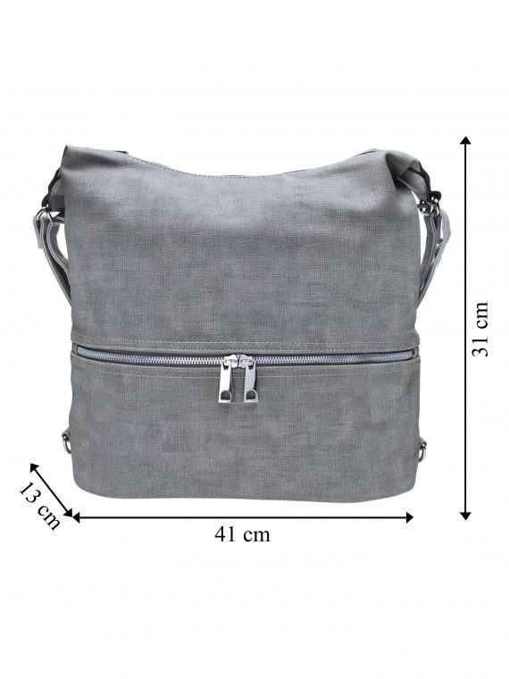 Velký světle šedý kabelko-batoh 2v1 s praktickou kapsou, Tapple, H190010N, přední strana kabelko-batohu 2v1 s rozměry