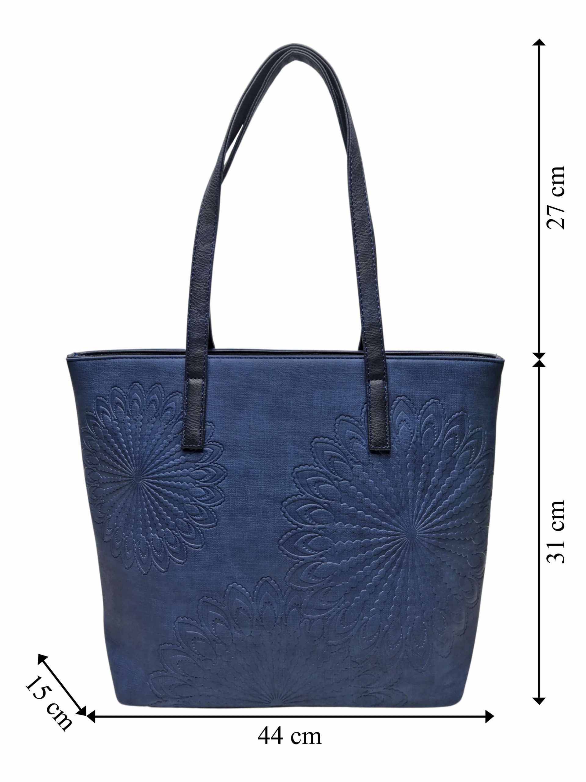 Středně modrá dámská kabelka přes rameno s texturou, Tapple, H17409, přední strana kabelky přes rameno s rozměry