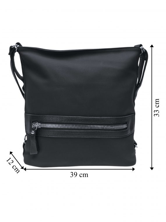 Velká černá kabelka a batoh 2v1 s texturou, Tapple, H20805N, přední strana kabelky a batohu 2v1 s rozměry