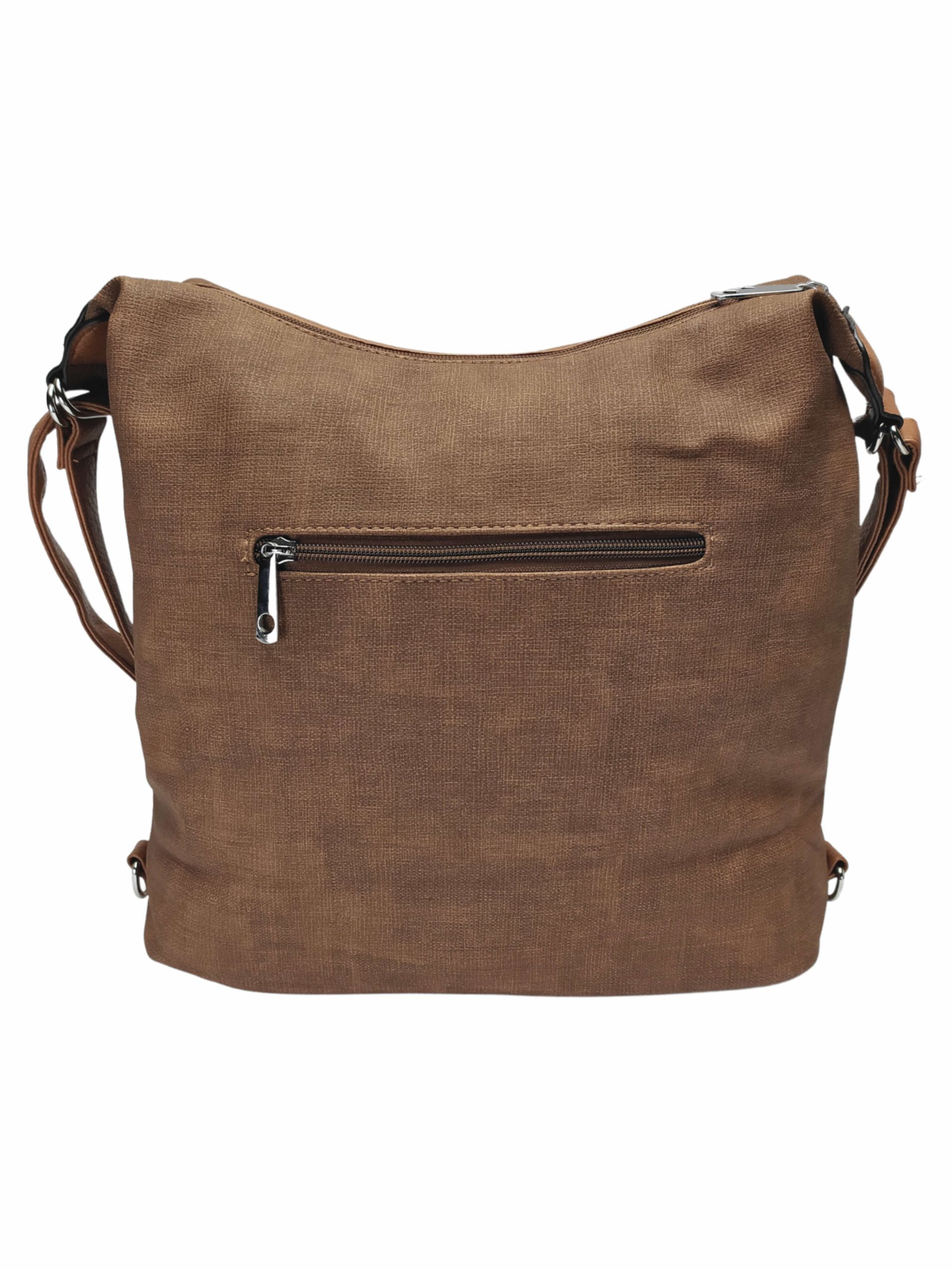 Velká středně hnědá kabelka a batoh 2v1 s kapsami, Tapple, H181175N, zadní strana kabelky a batohu 2v1