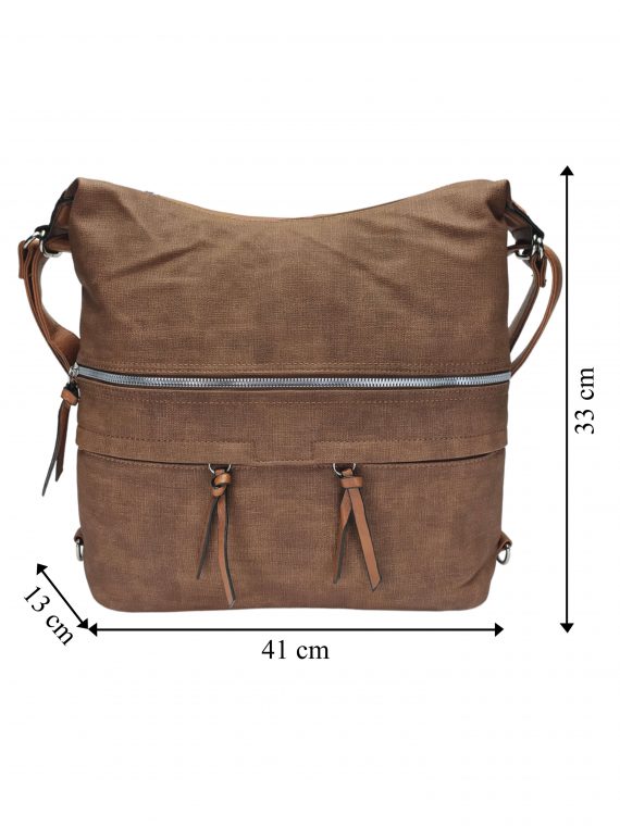 Velká středně hnědá kabelka a batoh 2v1 s kapsami, Tapple, H181175N, přední strana kabelky a batohu 2v1 s rozměry