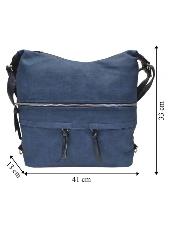 Velká středně modrá kabelka a batoh 2v1 s kapsami, Tapple, H181175N, přední strana kabelky a batohu 2v1 s rozměry