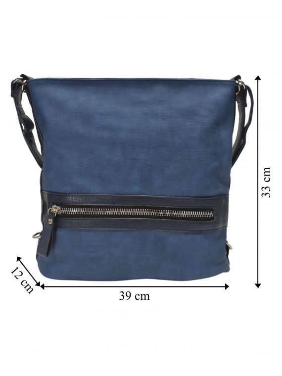 Velká středně modrá kabelka a batoh 2v1 s texturou, Tapple, H20805N, přední strana kabelky a batohu 2v1 s rozměry