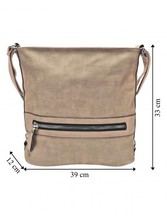 Velká světle hnědá kabelka a batoh 2v1 s texturou, Tapple, H20805N, přední strana kabelky a batohu 2v1 s rozměry