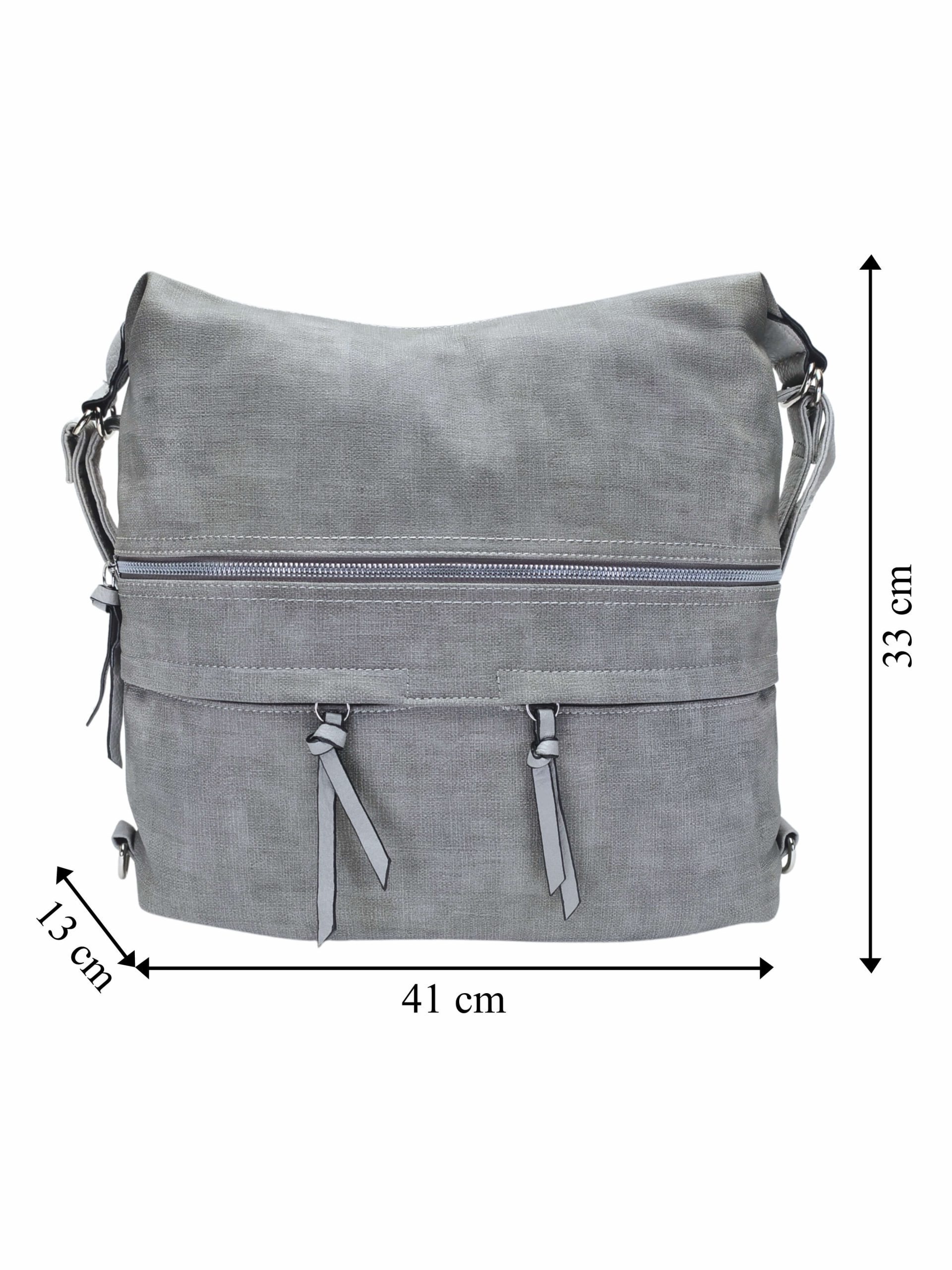 Velká světle šedá kabelka a batoh 2v1 s kapsami, Tapple, H181175N, přední strana kabelky a batohu 2v1 s rozměry