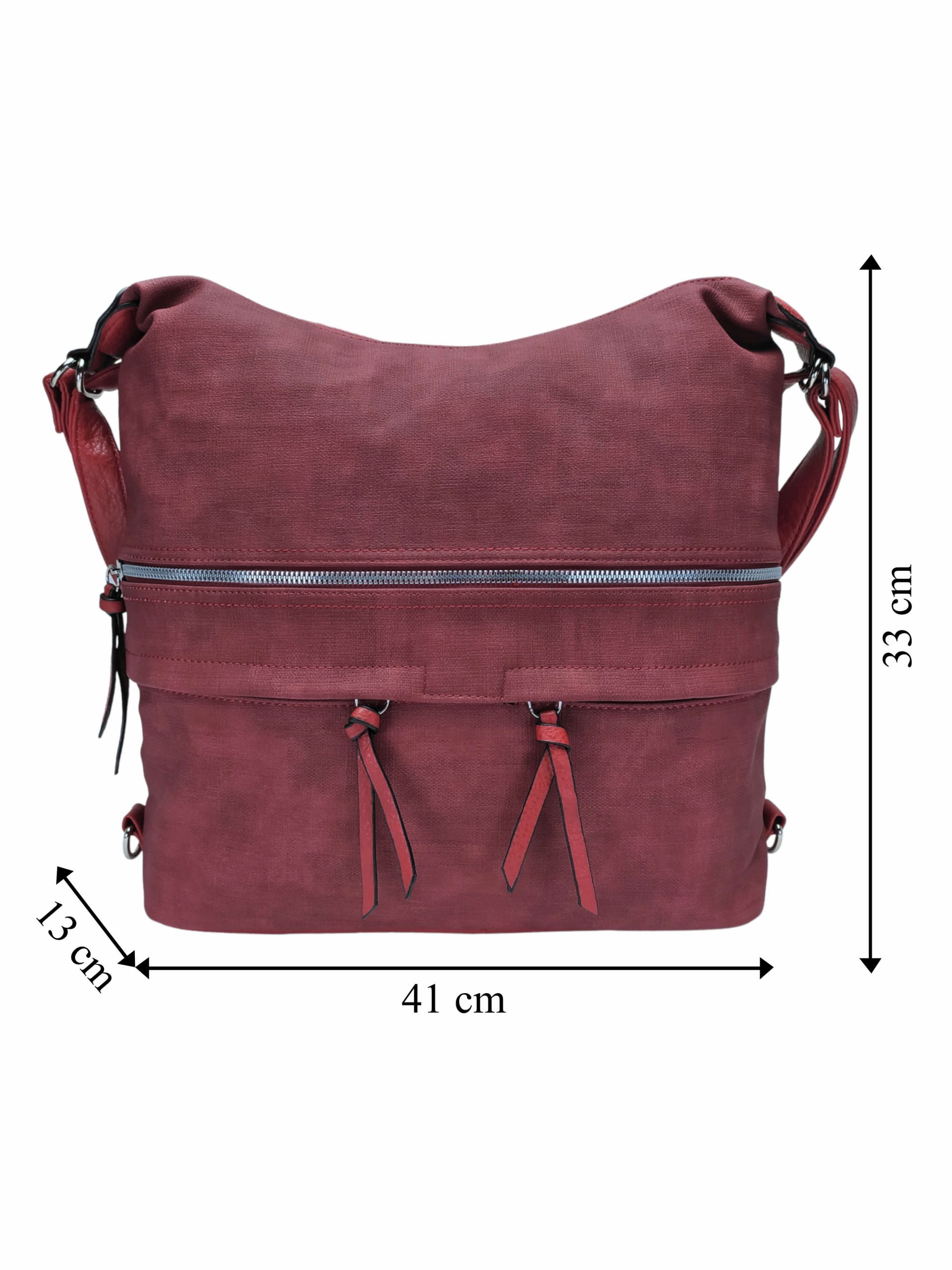 Velká vínová / bordó kabelka a batoh 2v1 s kapsami, Tapple, H181175N, přední strana kabelky a batohu 2v1 s rozměry
