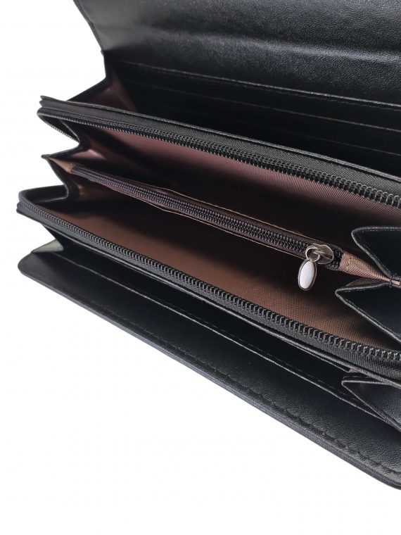 Černá dámská peněženka s moderním vzorem, New Berry, YX-201, vnitřní uspořádání dámské peněženky s rozepnutou kapsou