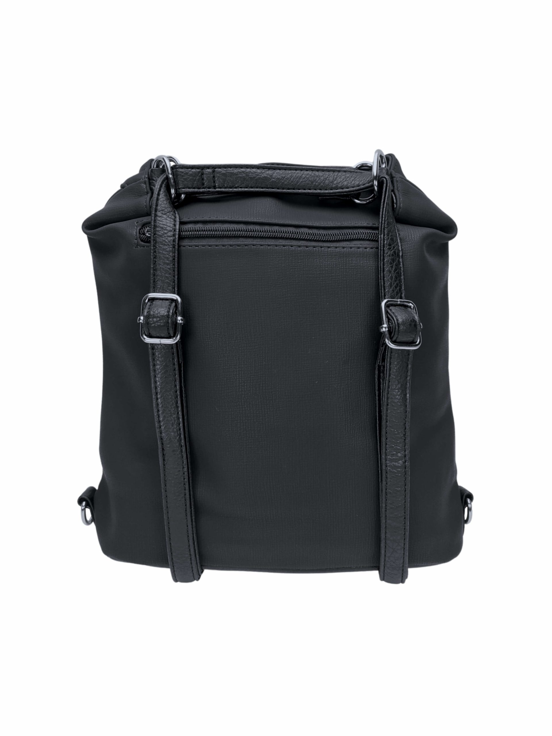 Střední černý kabelko-batoh 2v1 s šikmým zipem, Tapple, H190061, zadní strana kabelko-batohu 2v1 s popruhy
