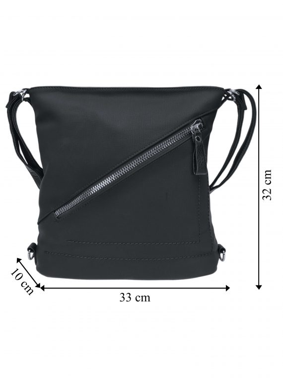 Střední černý kabelko-batoh 2v1 s šikmým zipem, Tapple, H190061, přední strana kabelko-batohu 2v1 s rozměry