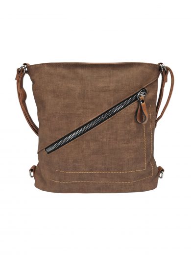 Střední středně hnědý kabelko-batoh 2v1 s šikmým zipem, Tapple, H190061, přední strana kabelko-batohu 2v1