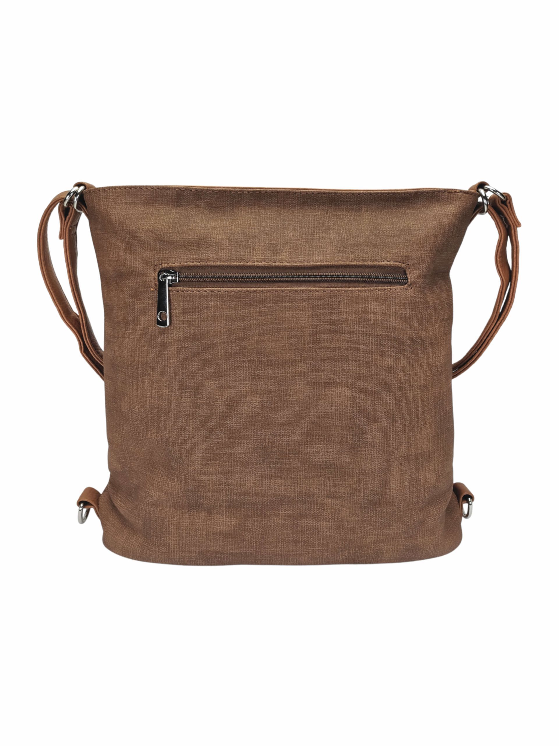 Střední středně hnědý kabelko-batoh 2v1 s šikmým zipem, Tapple, H190061, zadní strana kabelko-batohu 2v1