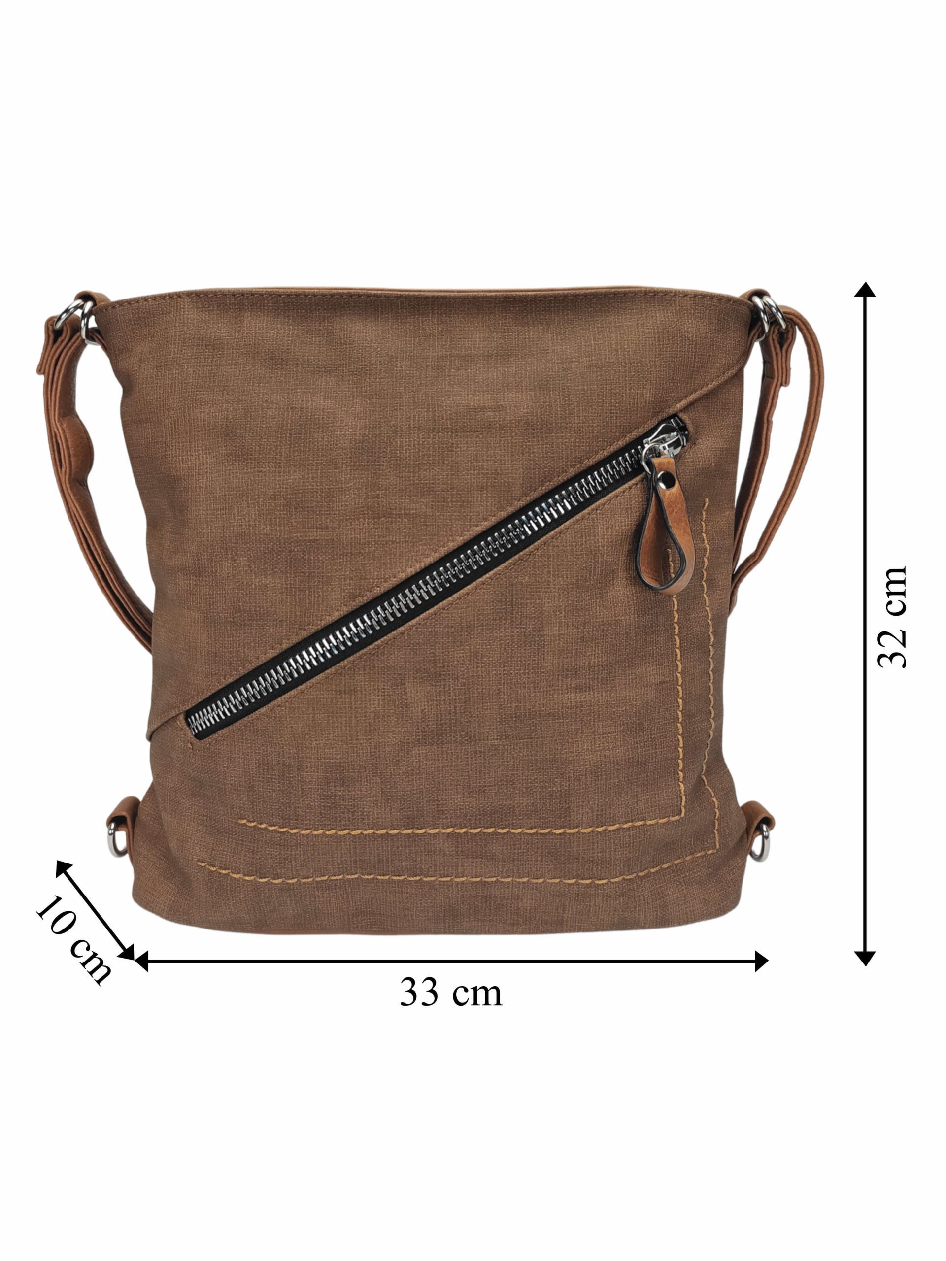 Střední středně hnědý kabelko-batoh 2v1 s šikmým zipem, Tapple, H190061, přední strana kabelko-batohu 2v1 s rozměry
