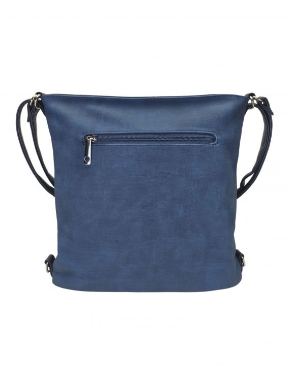 Střední středně modrý kabelko-batoh 2v1 s šikmým zipem, Tapple, H190061, zadní strana kabelko-batohu 2v1