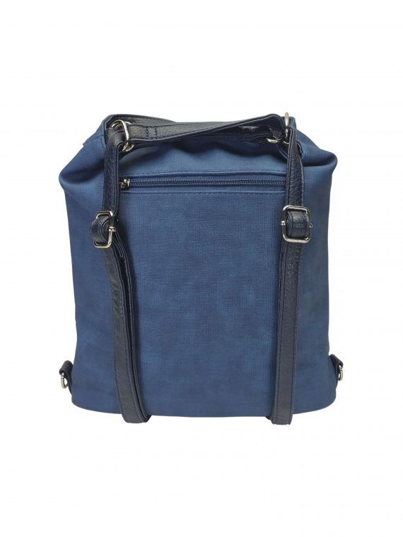 Střední středně modrý kabelko-batoh 2v1 s šikmým zipem, Tapple, H190061, zadní strana kabelko-batohu 2v1 s popruhy