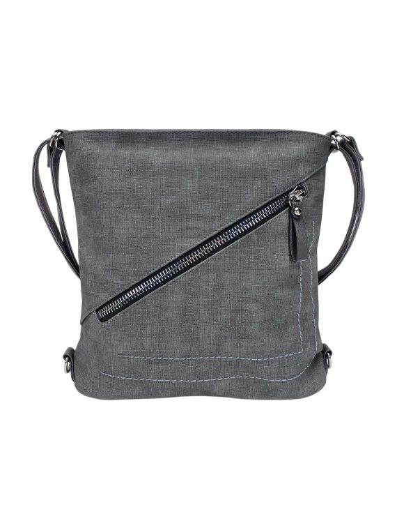 Střední středně šedý kabelko-batoh 2v1 s šikmým zipem, Tapple, H190061, přední strana kabelko-batohu 2v1