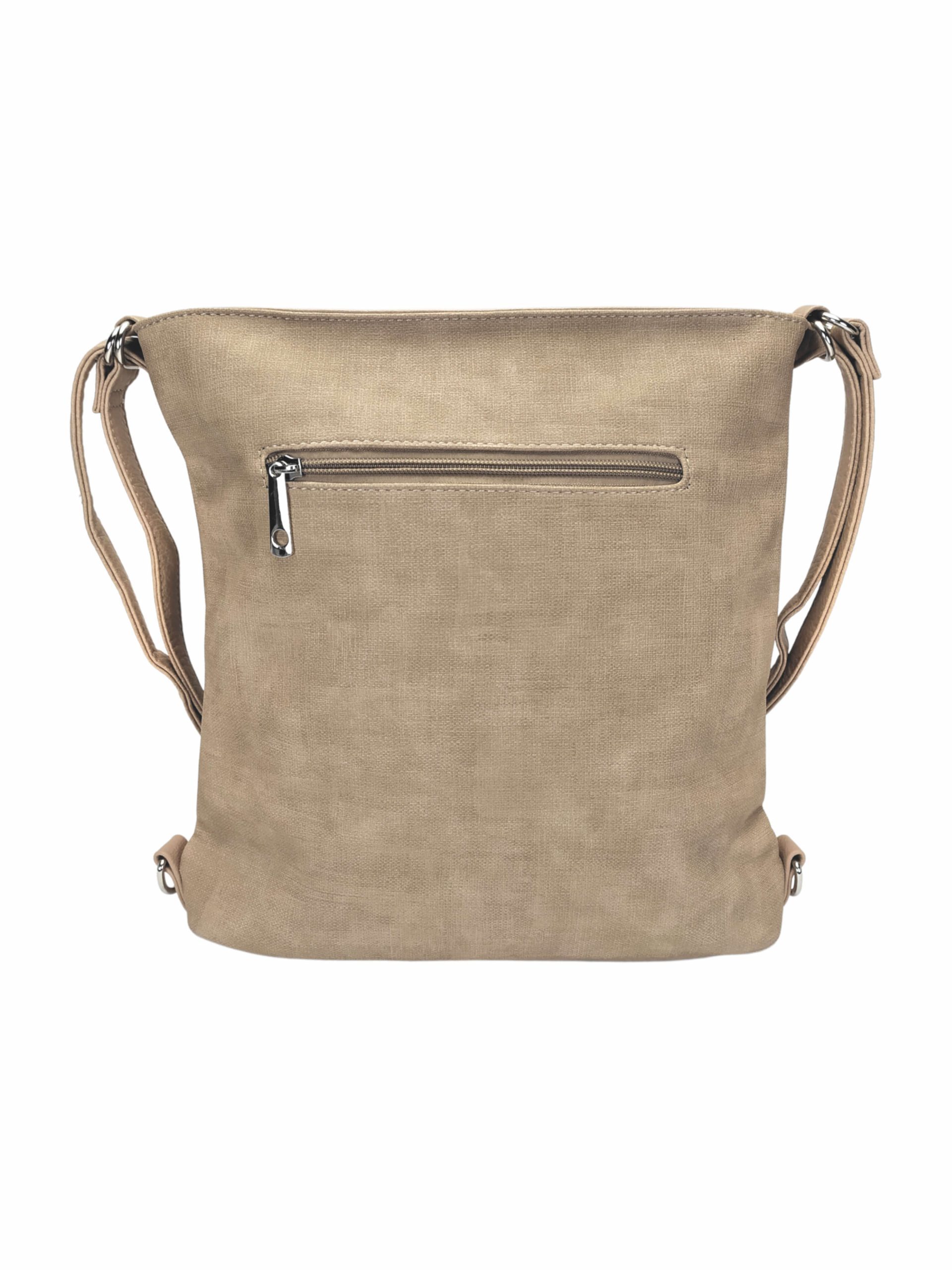 Střední světle hnědý kabelko-batoh 2v1 s šikmým zipem, Tapple, H190061, zadní strana kabelko-batohu 2v1