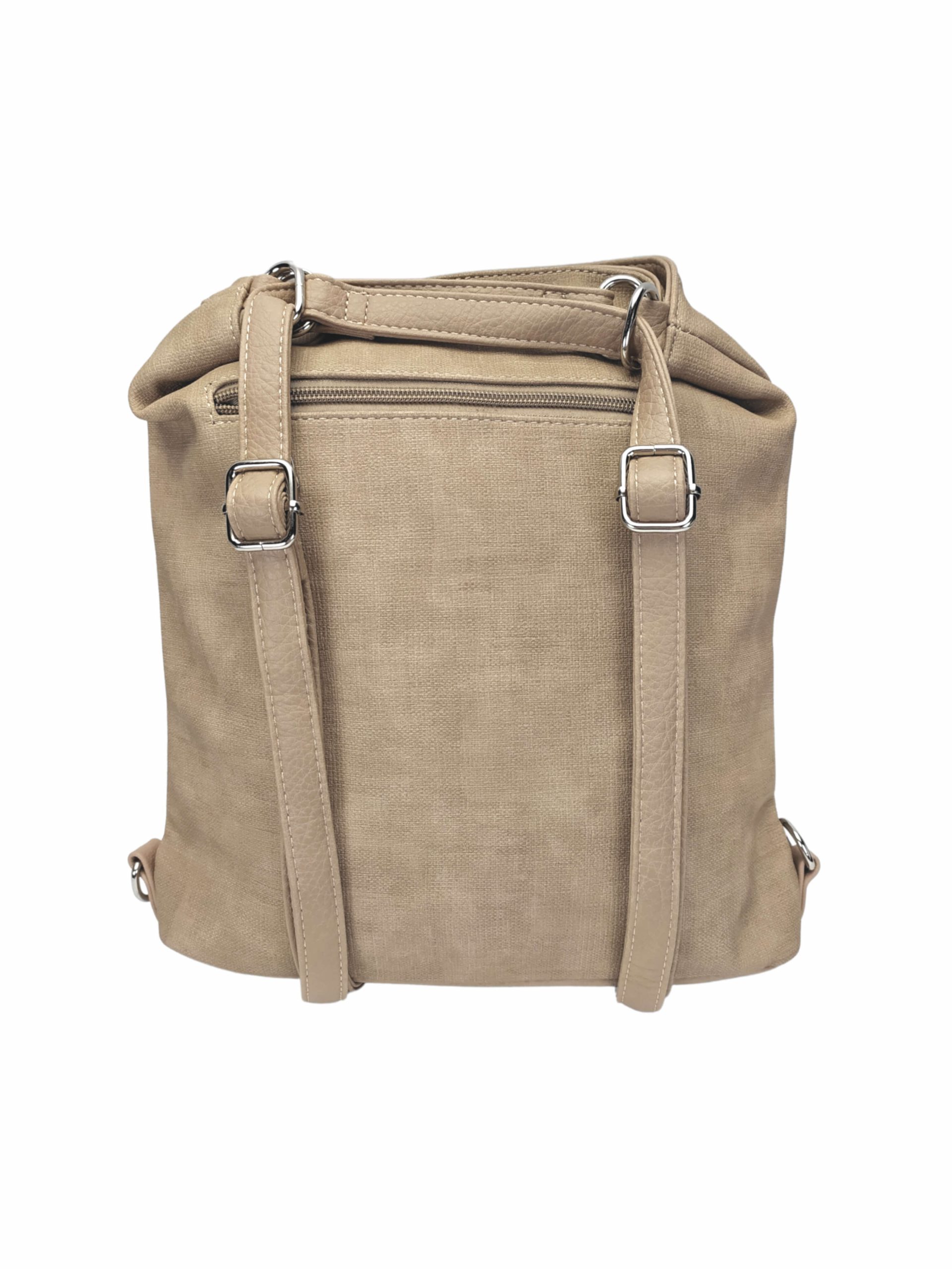 Střední světle hnědý kabelko-batoh 2v1 s šikmým zipem, Tapple, H190061, zadní strana kabelko-batohu 2v1 s popruhy