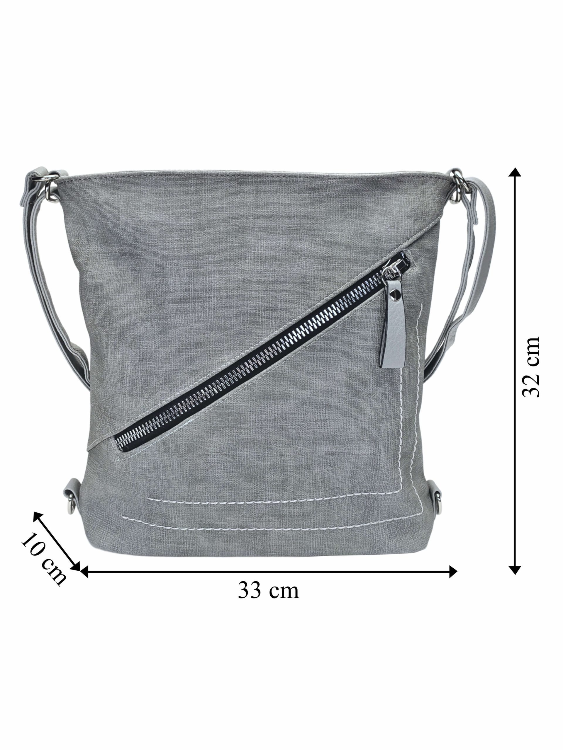 Střední světle šedý kabelko-batoh 2v1 s šikmým zipem, Tapple, H190061, přední strana kabelko-batohu 2v1 s rozměry