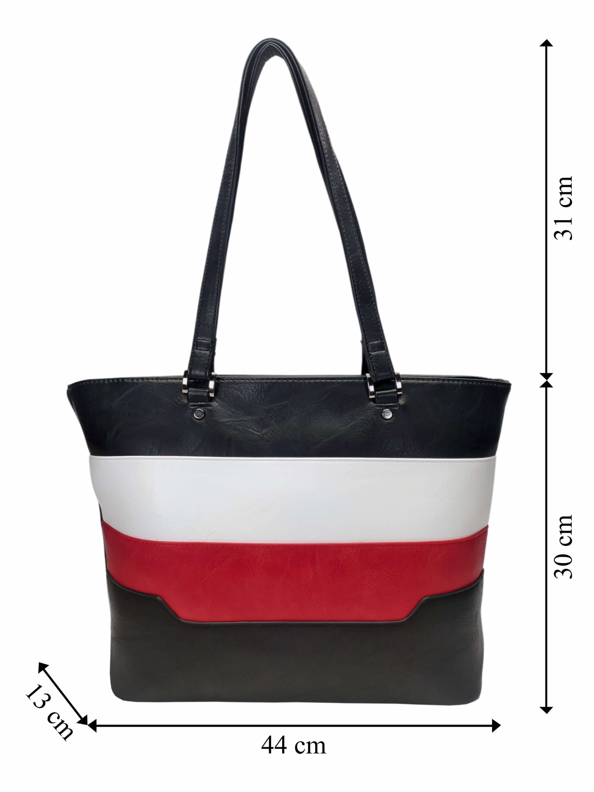 Černo-bílo-červená dámská kabelka přes rameno, Tapple, H19049-1, přední strana dámské kabelky přes rameno s rozměry