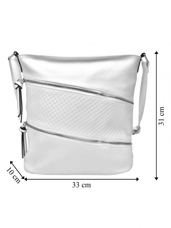 Bílá crossbody kabelka s šikmými kapsami, Tapple, H18007, přední strana crossbody kabelky s rozměry