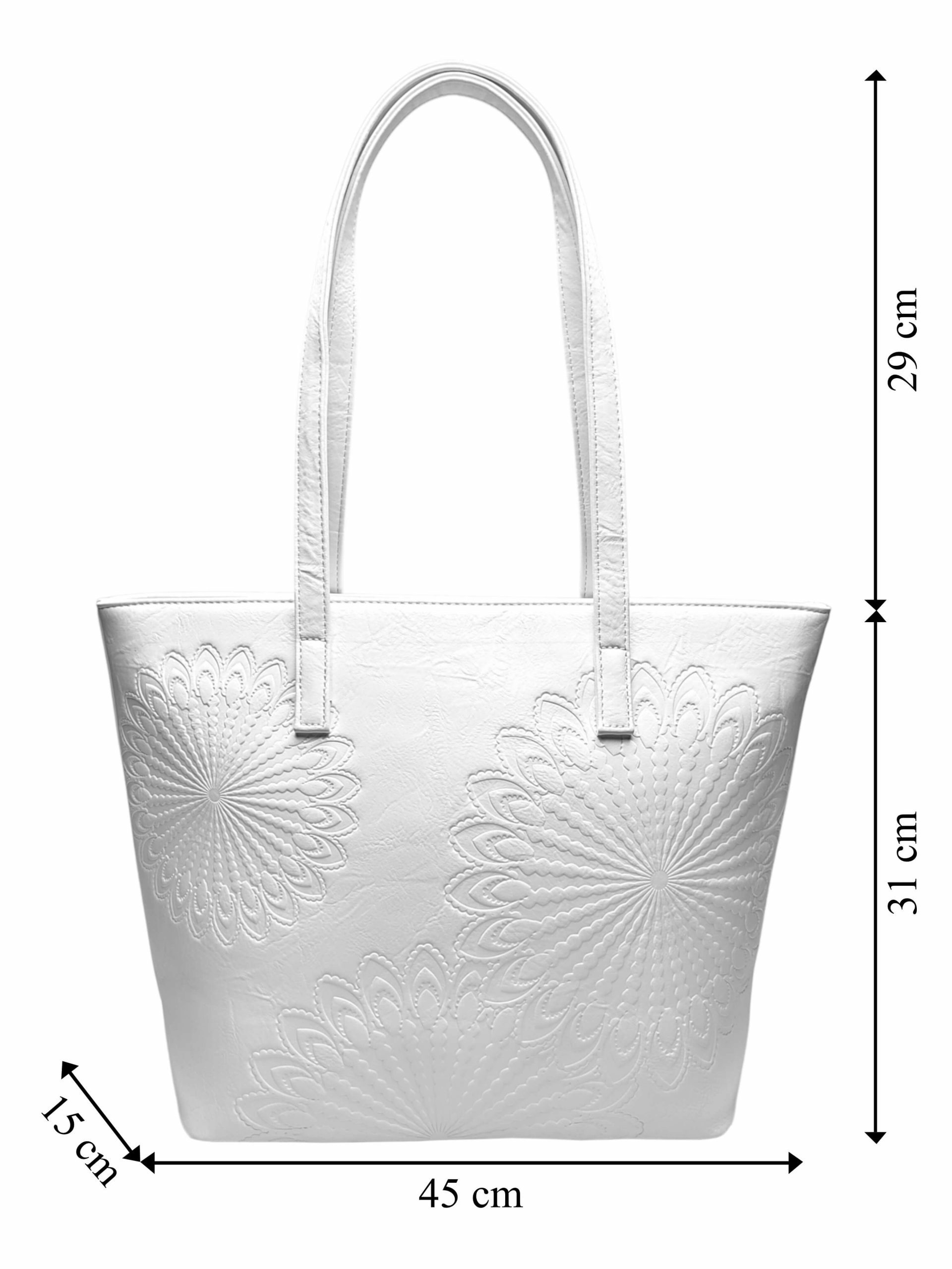 Bílá dámská kabelka přes rameno se vzorem, Tapple, H17409N, přední strana kabelky s rozměry