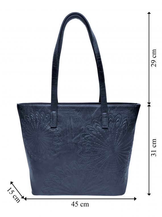 Tmavě modrá dámská kabelka přes rameno se vzorem, Tapple, H17409N, přední strana kabelky s rozměry