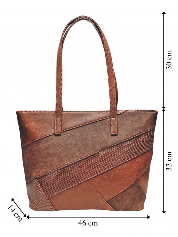 Středně hnědá kabelka přes rameno s šikmými vzory, Tapple, H190030, přední strana kabelky s rozměry