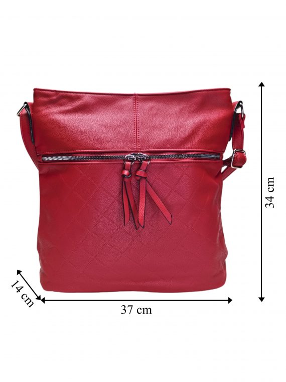 Tmavě červená crossbody kabelka s koso vzorem, Tapple, H22070, přední strana crossbody kabelky s rozměry