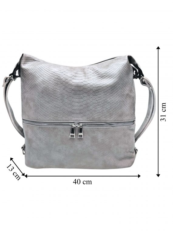 Moderní světle šedý kabelko-batoh z eko kůže, Tapple, H190010, přední strana kabelko-batohu 2v1 s rozměry