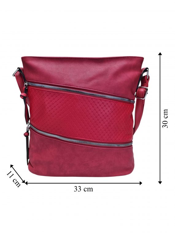 Tmavě červená crossbody kabelka s šikmými kapsami, Tapple, H18007, přední strana crossbody kabelky s rozměry