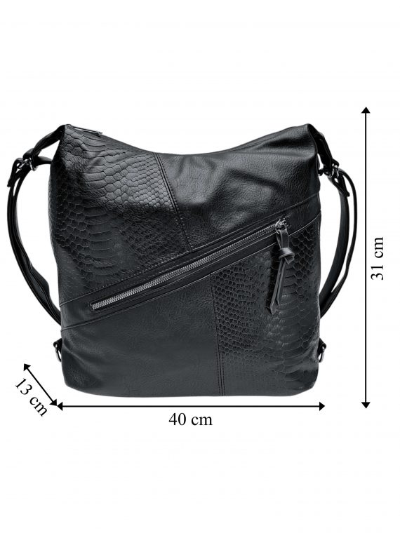 Velký černý kabelko-batoh z eko kůže, Tapple, H18077, přední strana kabelko-batohu 2v1 s rozměry