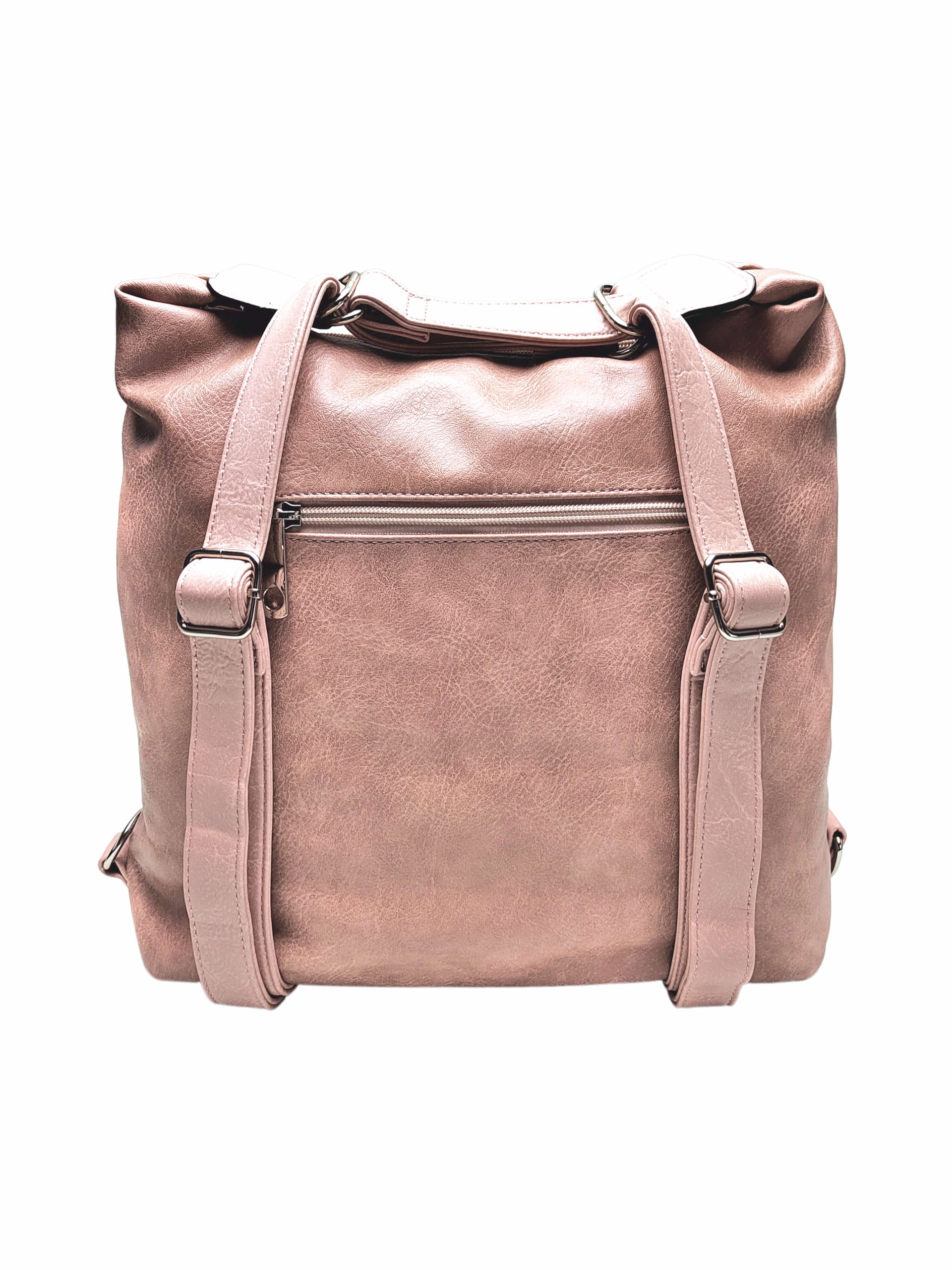 Velký starorůžový kabelko-batoh z eko kůže, Tapple, H18077, zadní strana kabelko-batohu 2v1 s popruhy